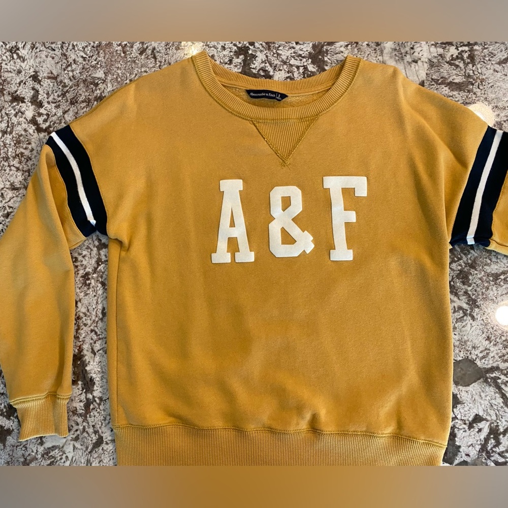 Fun Abercrombie and Fitch sweatshirt-Mustard yellow with navy stripes, size S